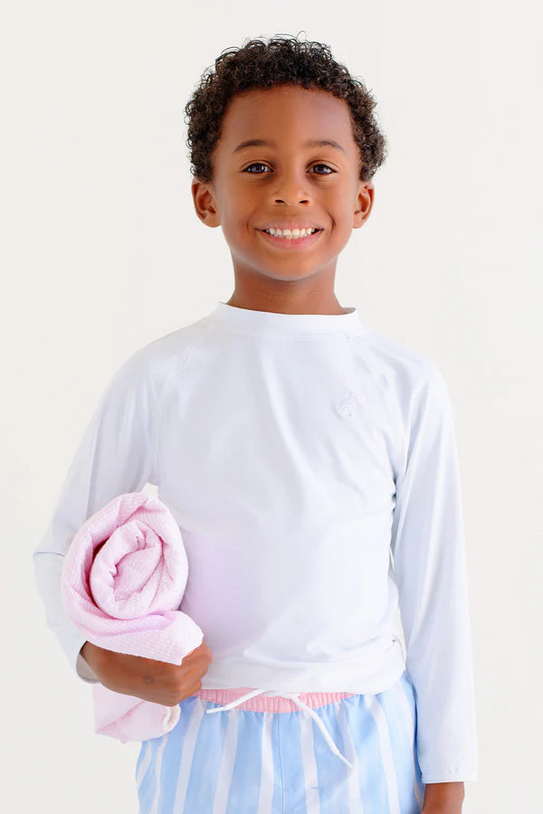 White Walker's Wave Spotter swim shirt by The Beaufort Bonnet Company featuring a white fabric with wave pattern, designed for sun protection.