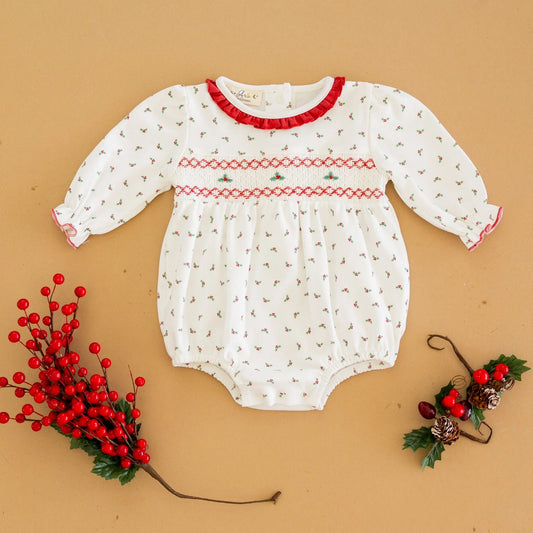 Winter Berries Ivory Smocked L/S Bubble