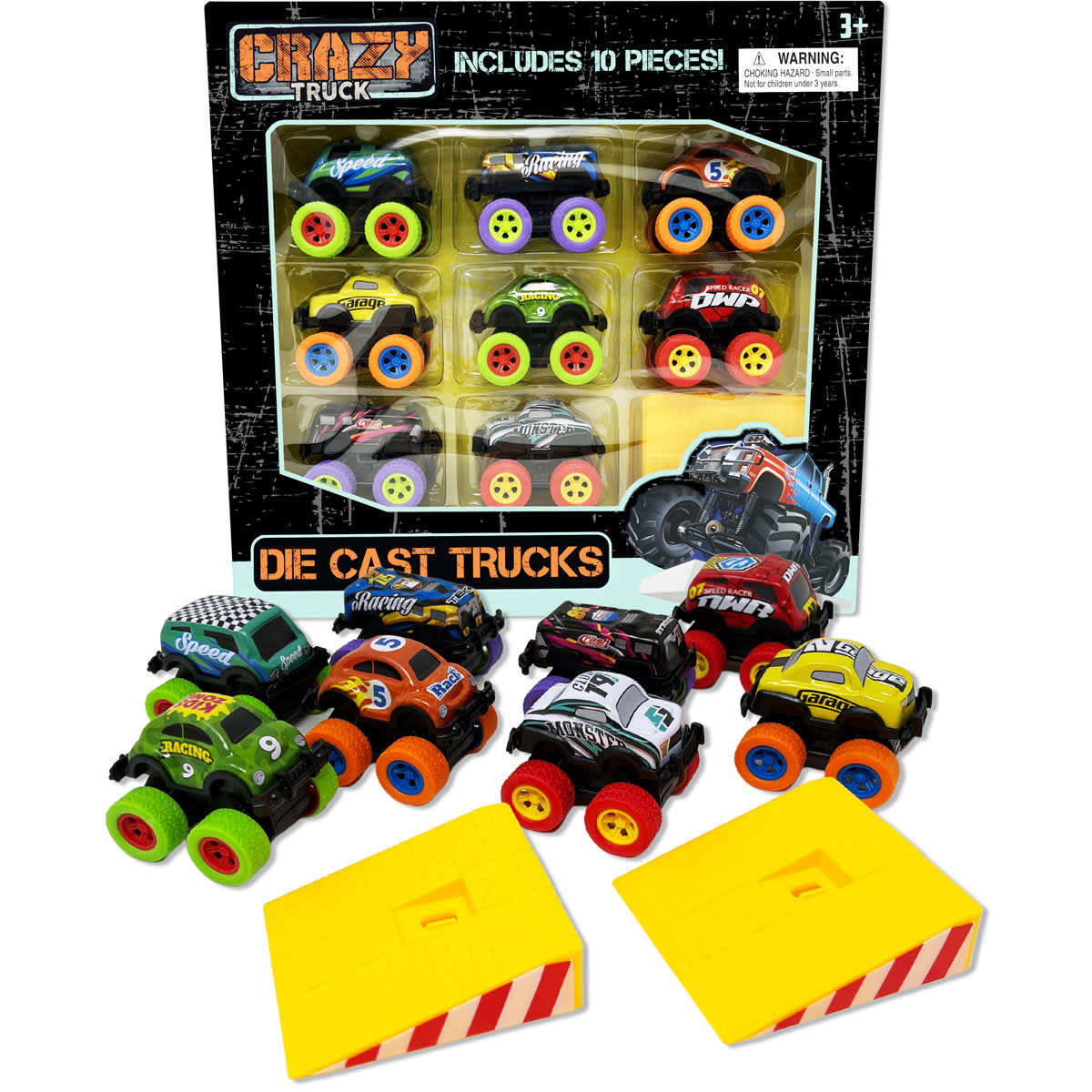 Set of ten die cast pull-back toy trucks by Thin Air Brands, featuring colorful miniature trucks for children.