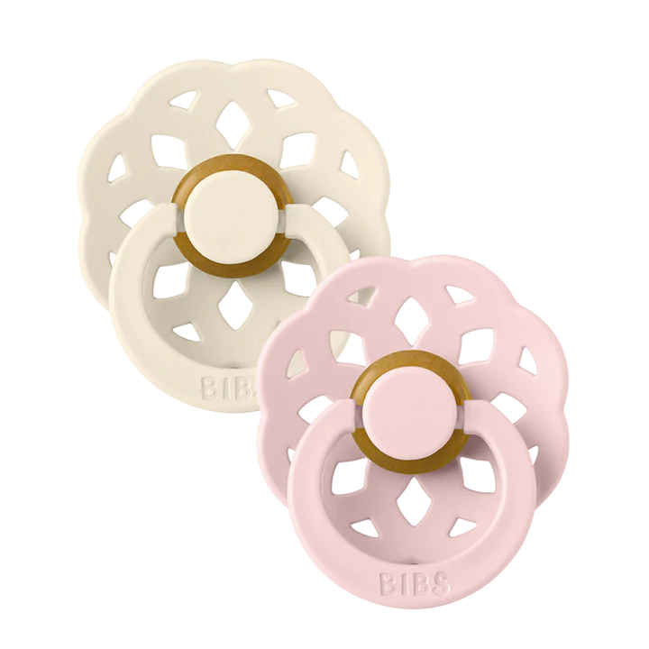 BIBS Pacifier Boheme Latex 2-pack in ivory and blossom colors, featuring natural latex material and ergonomic design.