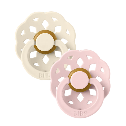 BIBS Pacifier Boheme Latex 2-pack in ivory and blossom colors, featuring natural latex material and ergonomic design.