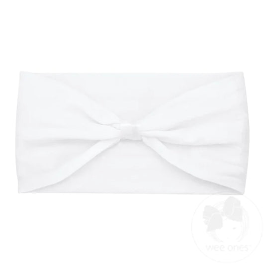 White nylon baby headband with wrap and adjustable bow from Wee Ones, featuring soft fabric and a stylish design.