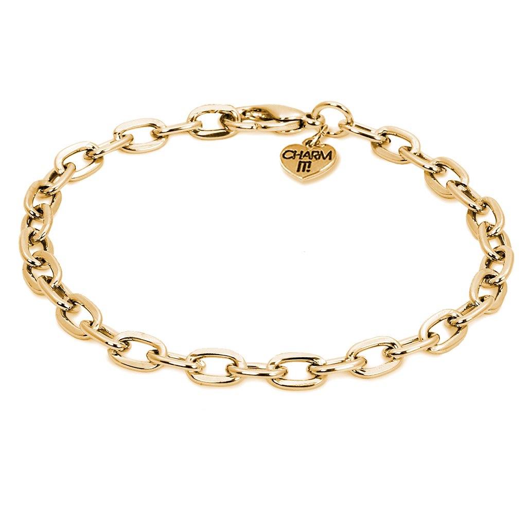 Gold chain bracelet by Charm It featuring a delicate, polished gold link design on a neutral background.