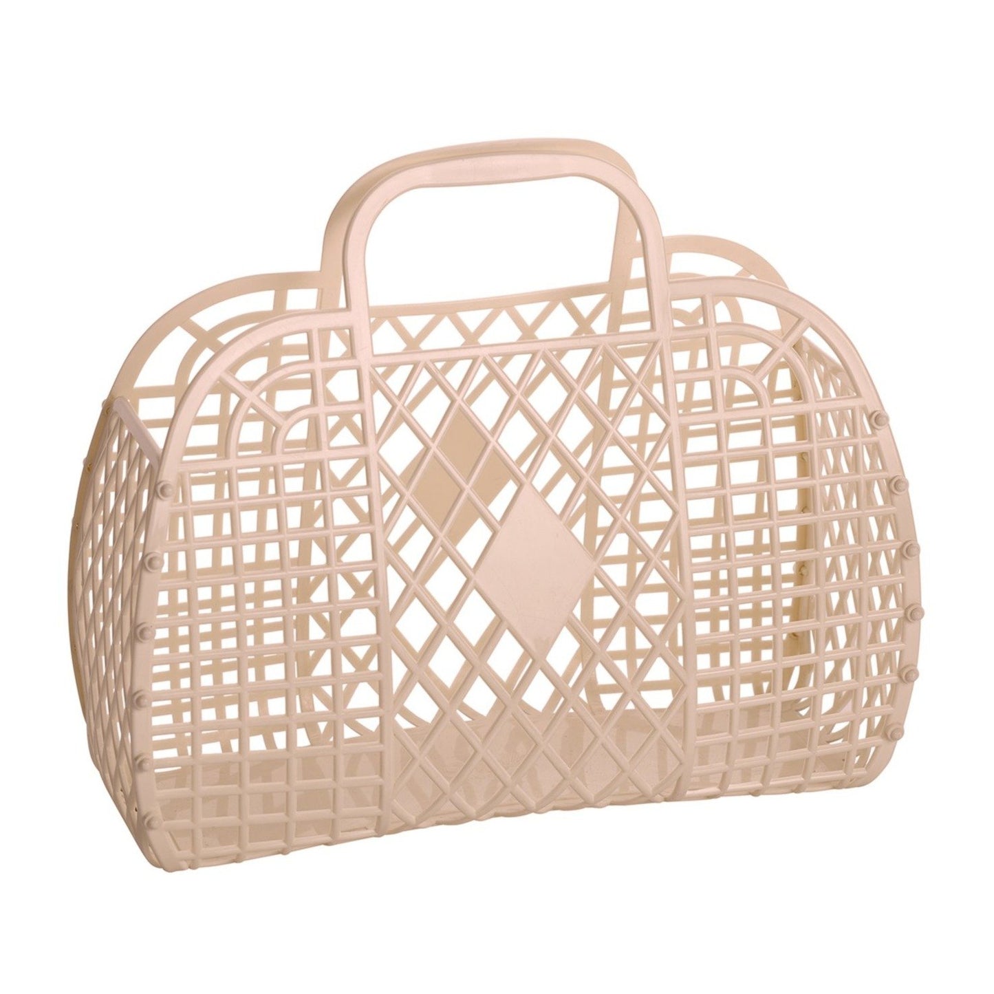 Large retro latte-colored Sun Jellies basket from Sweet E's Boutique, showing its woven jellies design and spacious shape.