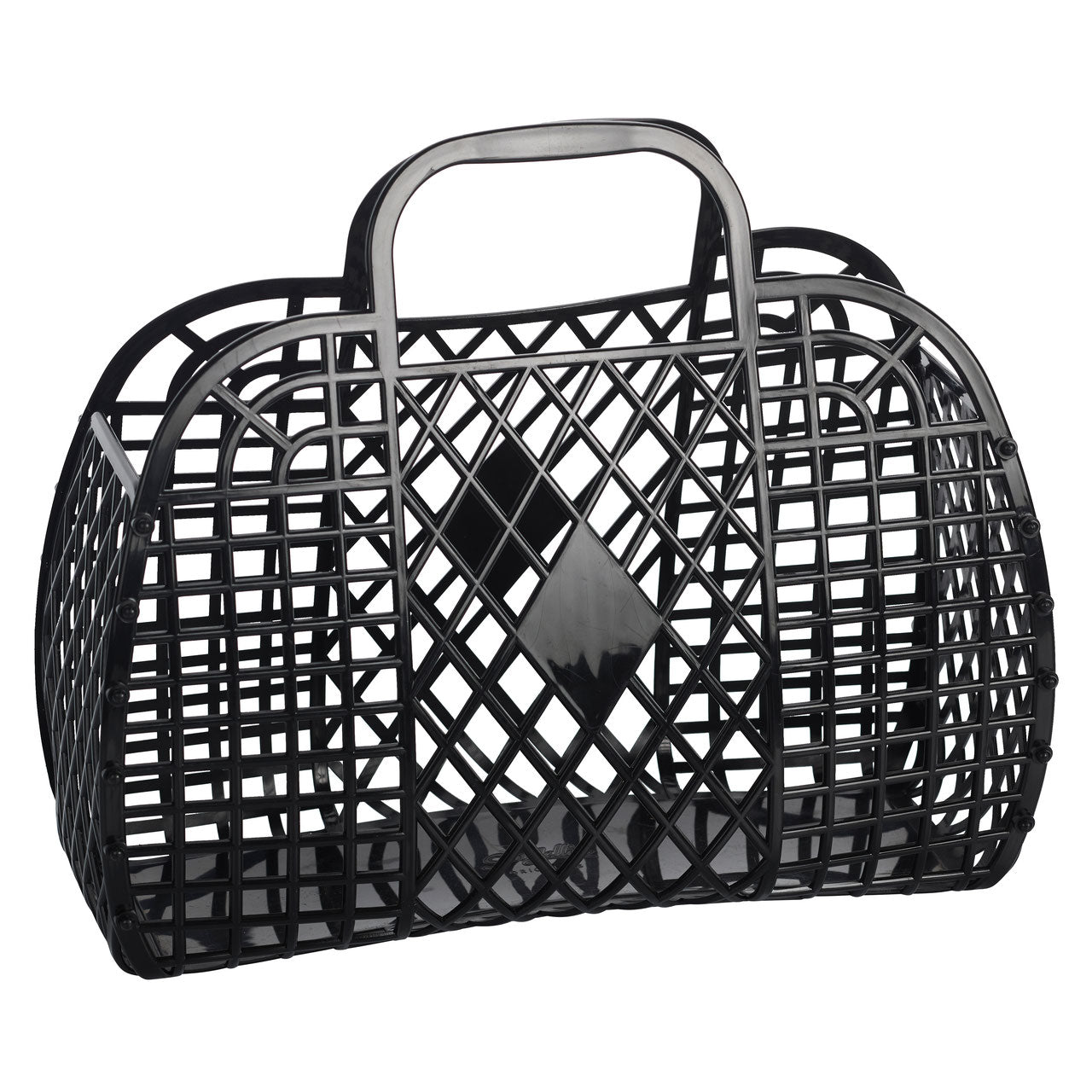 Large retro black basket from Sun Jellies, featuring a woven design and sturdy handles, perfect for storage and organization.