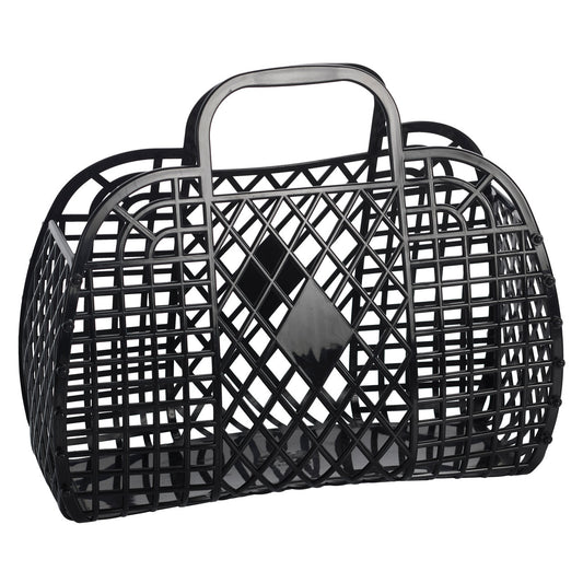 Large black retro Sun Jellies basket with woven design, featuring sturdy handles and a spacious interior for versatile storage.