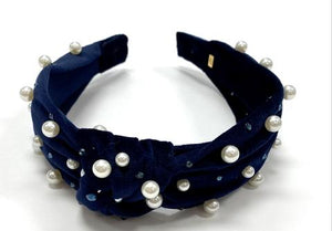 Bari Lynn - Velour Twist Knot Headband with Pearls & Swarovski Crystals