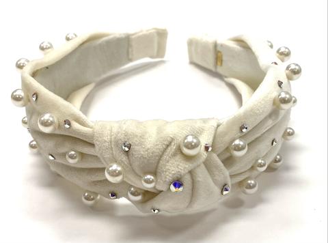 Bari Lynn - Velour Twist Knot Headband with Pearls & Swarovski Crystals