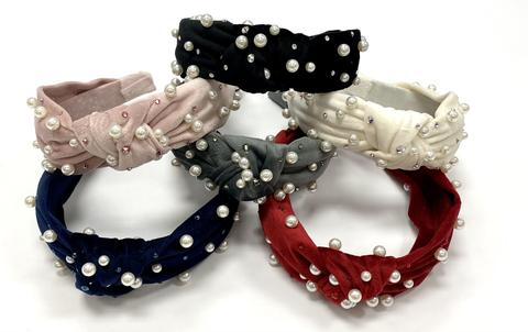 Bari Lynn - Velour Twist Knot Headband with Pearls & Swarovski Crystals
