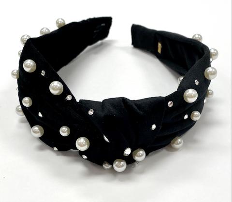 Bari Lynn - Velour Twist Knot Headband with Pearls & Swarovski Crystals