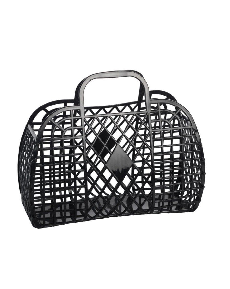 Small black retro Sun Jellies basket with rounded handle and woven design, featuring the Sun Jellies logo on the front.